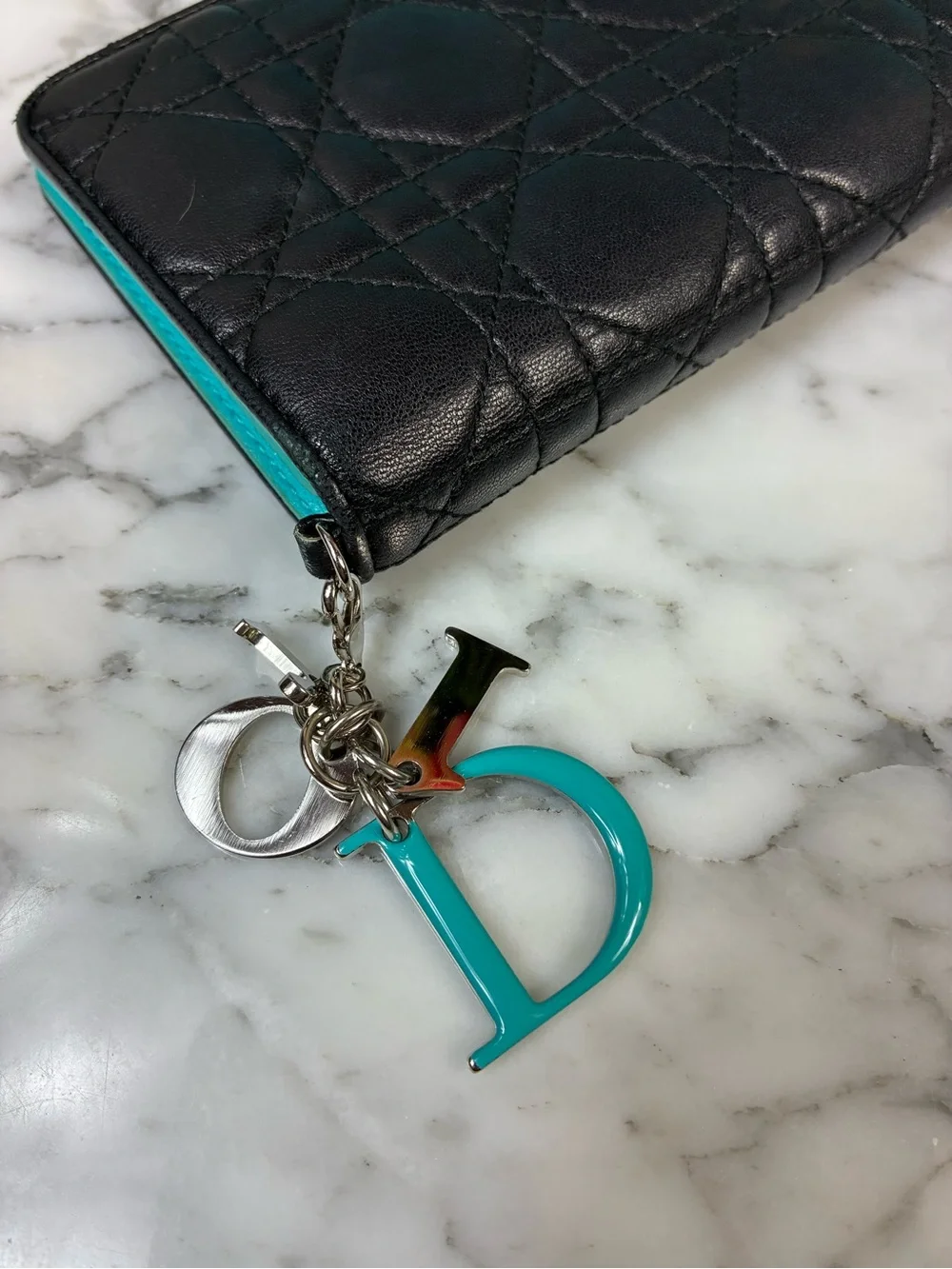 Christian Dior Black Leather Cannage Snap Wallet Teal Interior - Fair Condition
